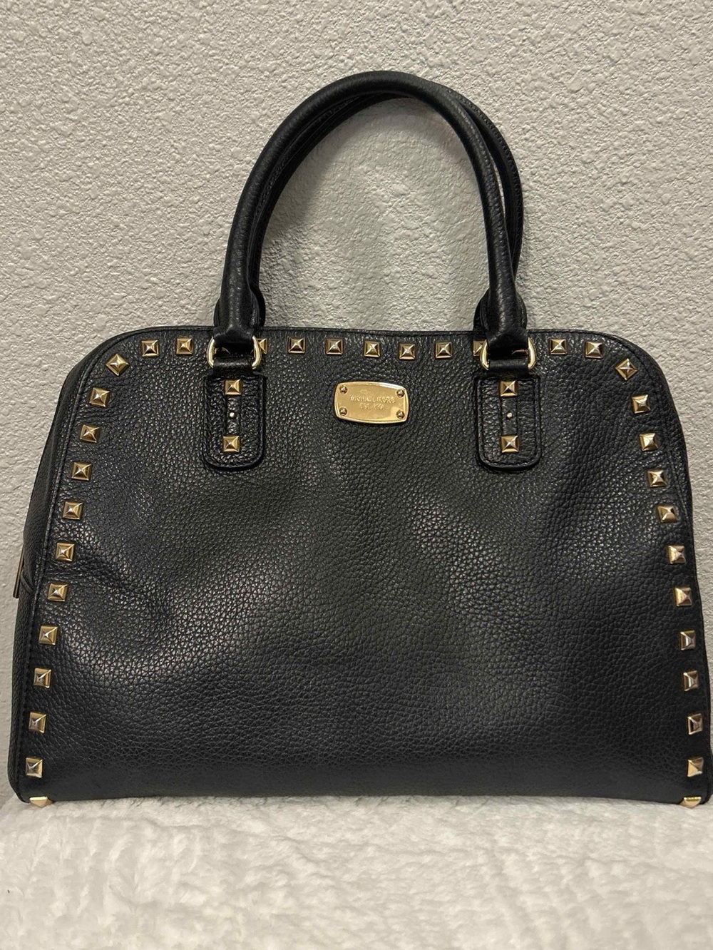 Michael Kors Black Pebbled Leather Gold Stud Satchel Doctor Bag